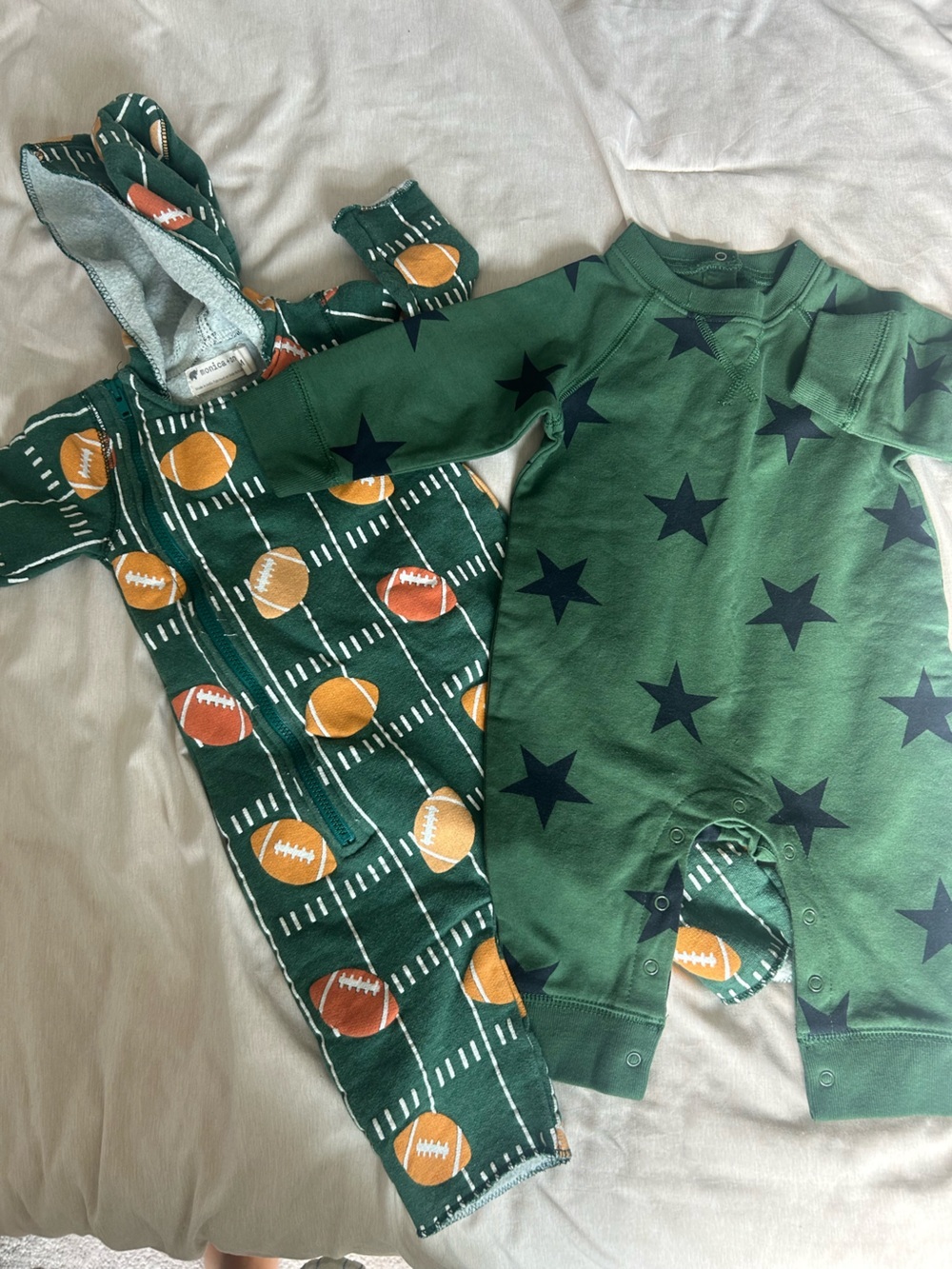 Monica & Andy/ Primary Green Star and Football Baby outfits 3-6 months